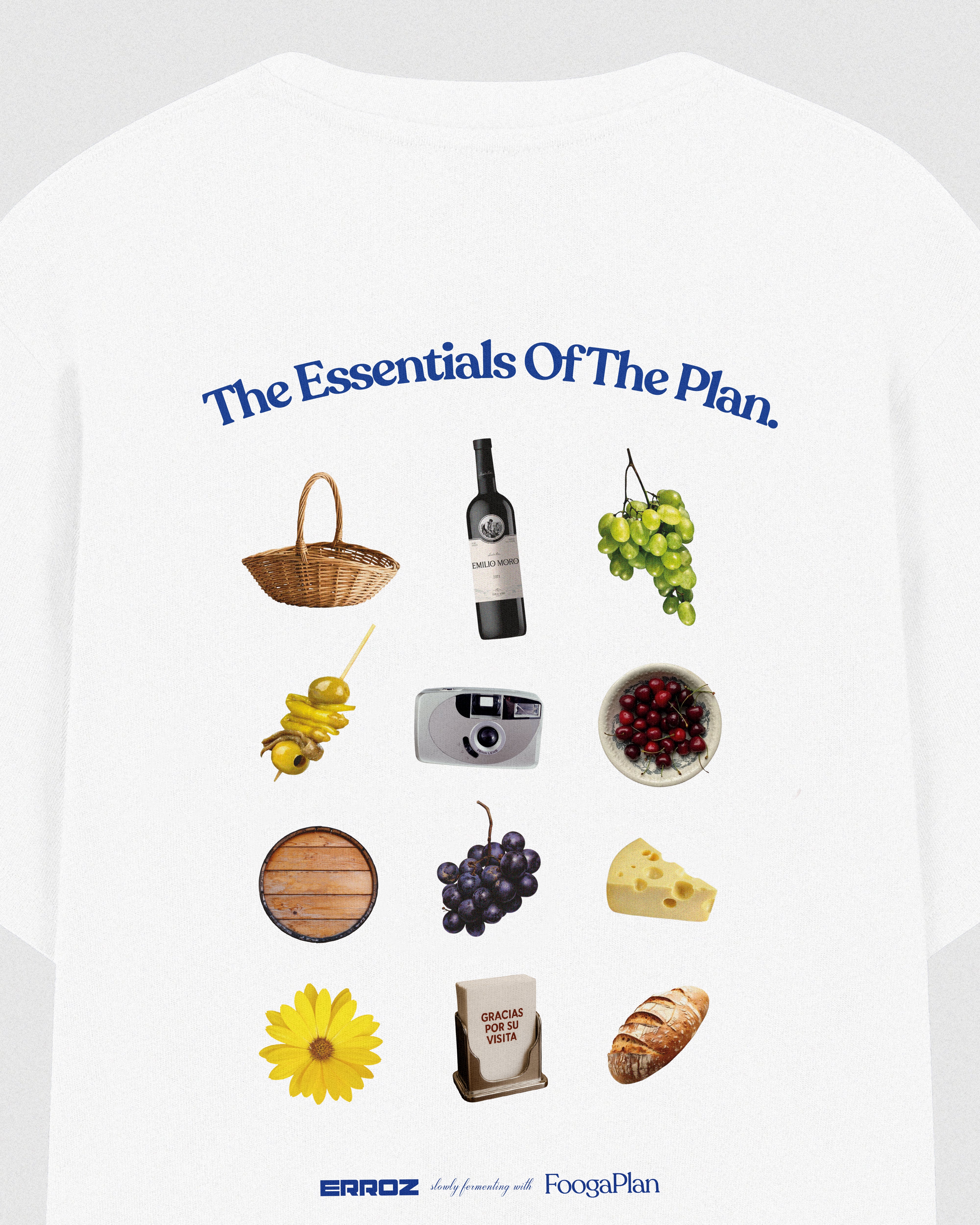 Camiseta blanca colaboración de FoogaPlan con Pablo Erroz y Emilio Moro, starter pack del vino, los esenciales del plan.