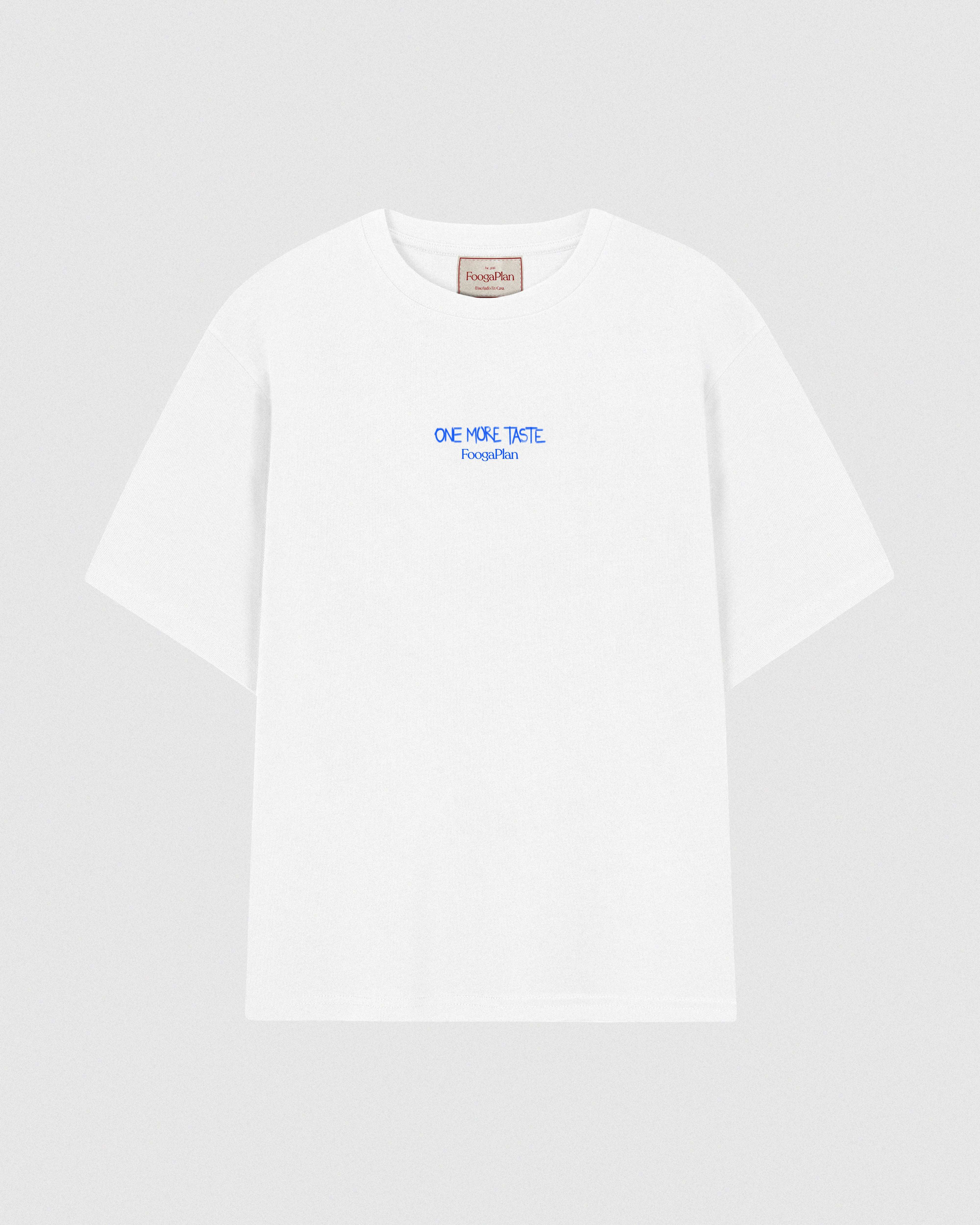 Camiseta One More Taste blanca vista frontal - Colaboración FOOGAPLAN x CUCU BANANAS