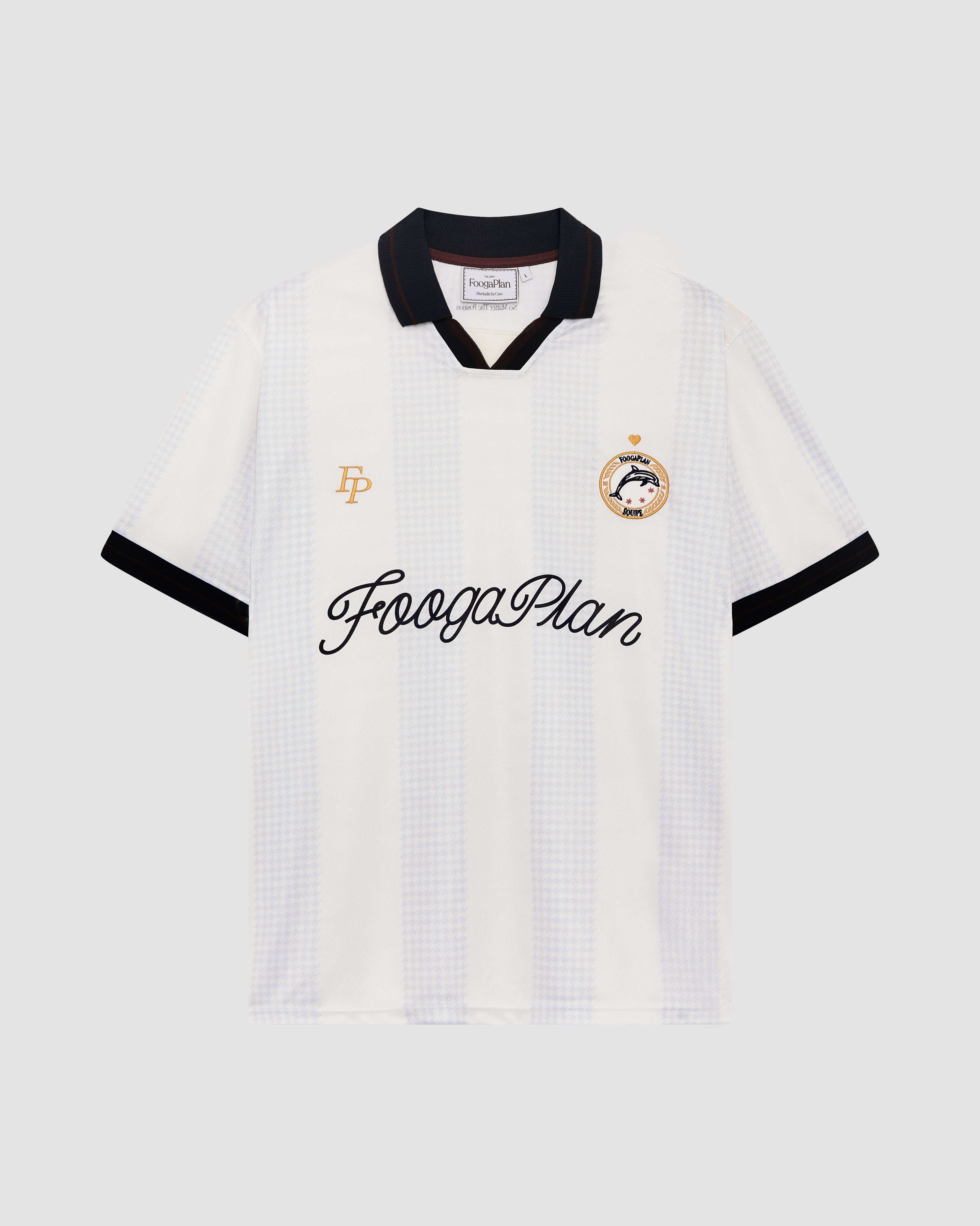 Camiseta de fútbol retro Bahía en poliéster blanco con detalles azules, vista frontal