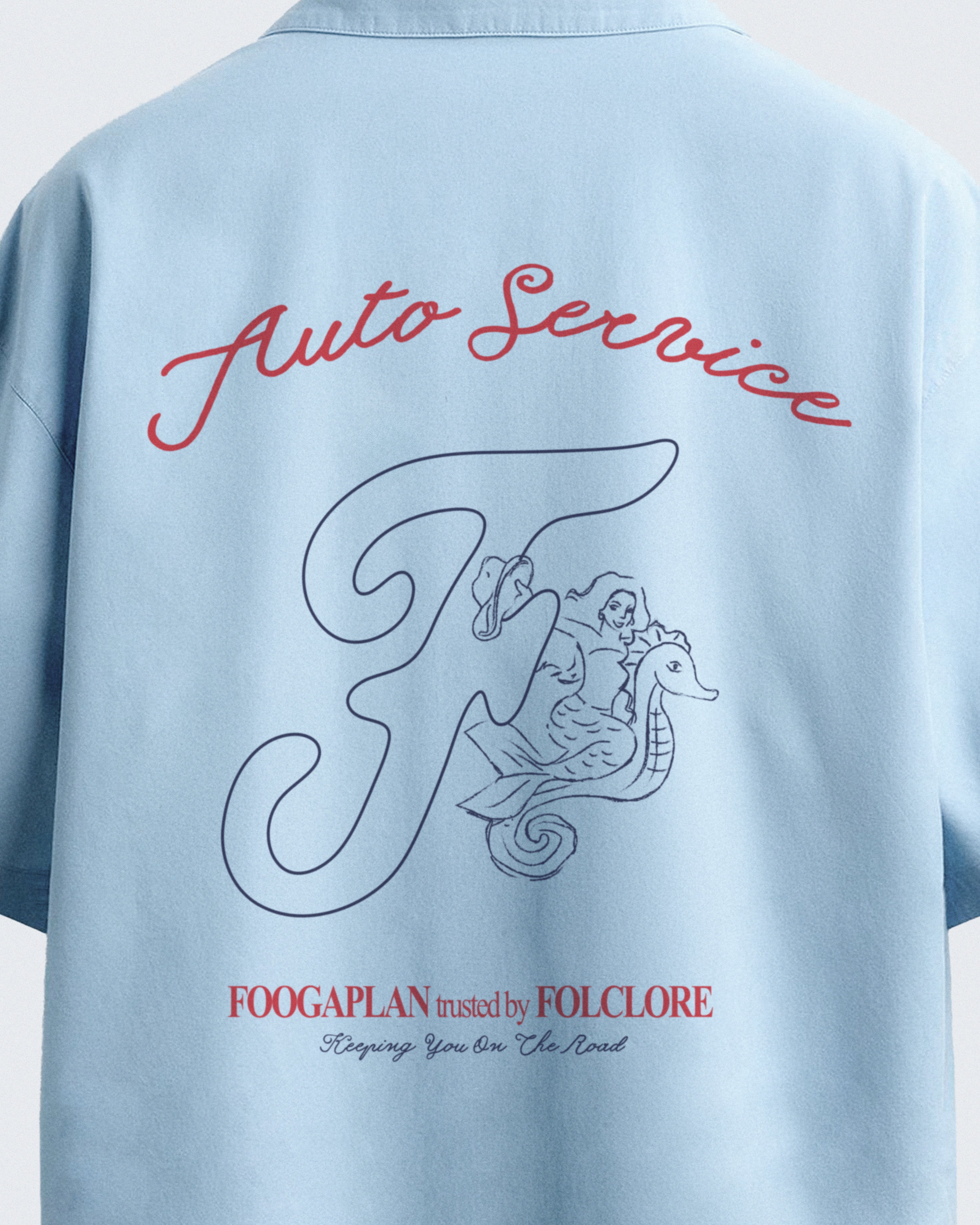 Camisa manga corta Auto Shop collab FoogaPlan y Folclore - vista espalda detalle print trasero