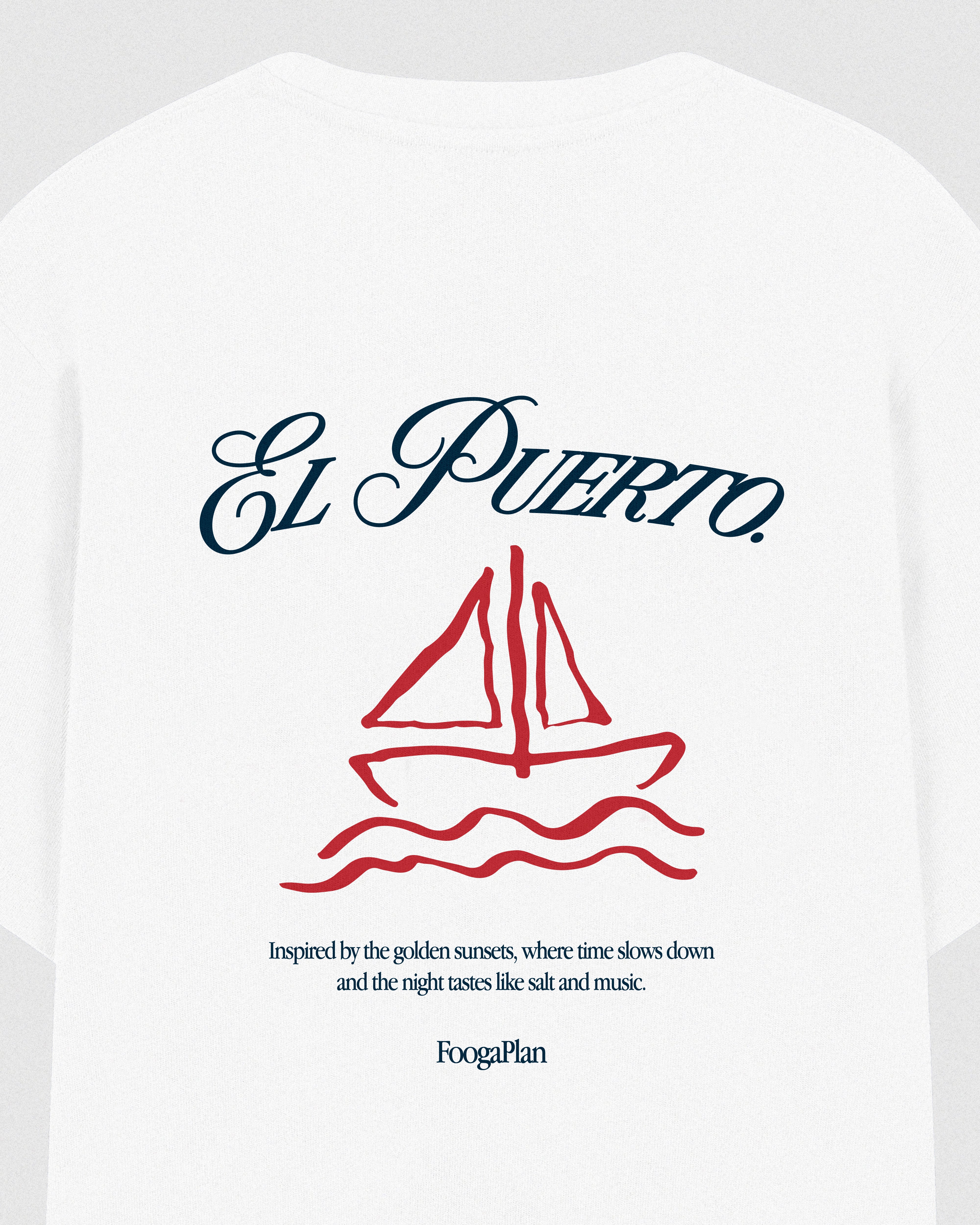 Detalle serigrafía trasera camiseta El Puerto - Diseño exclusivo sobre algodón blanco