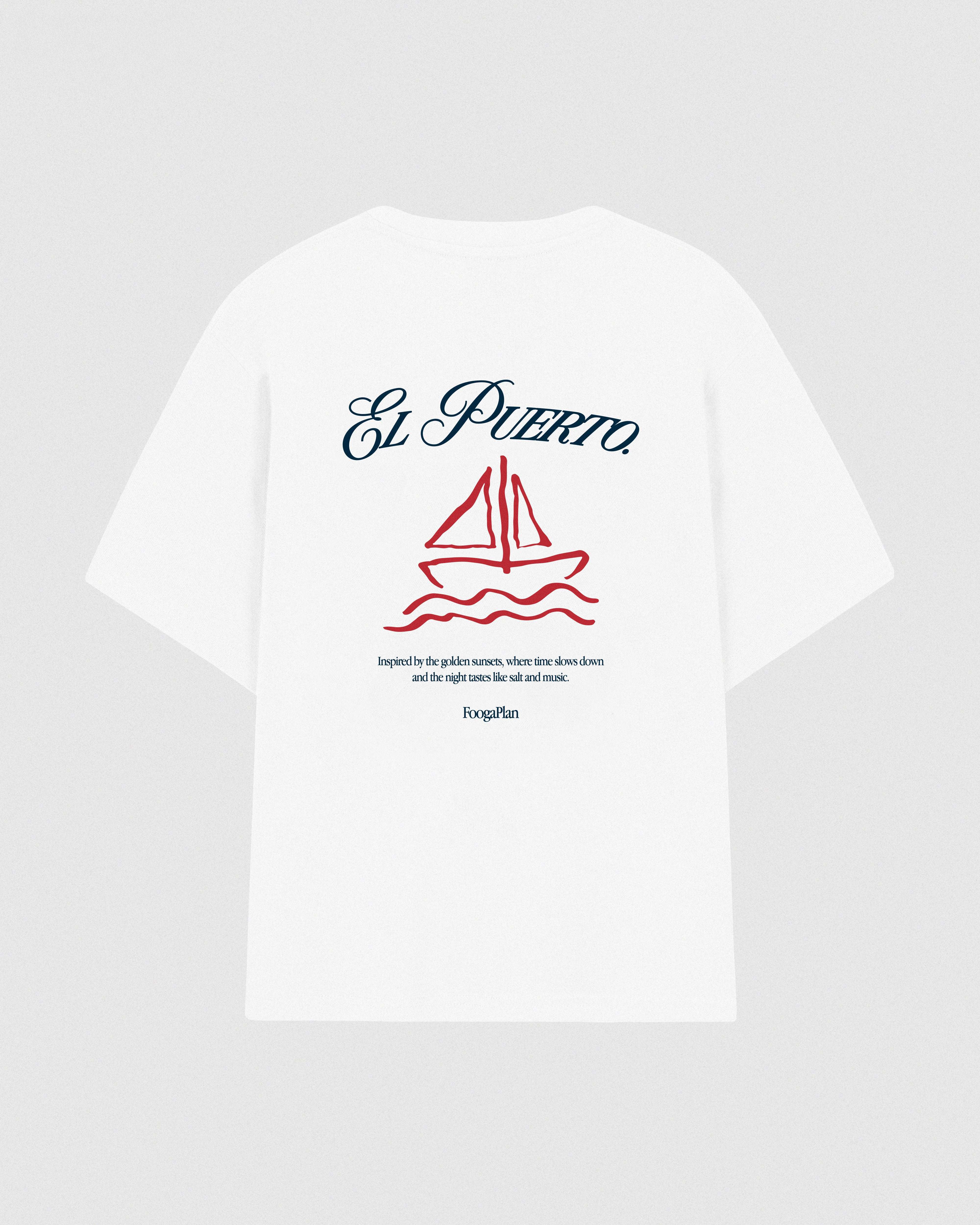 Camiseta El Puerto blanca 100% algodón - Vista trasera con serigrafía FoogaPlan