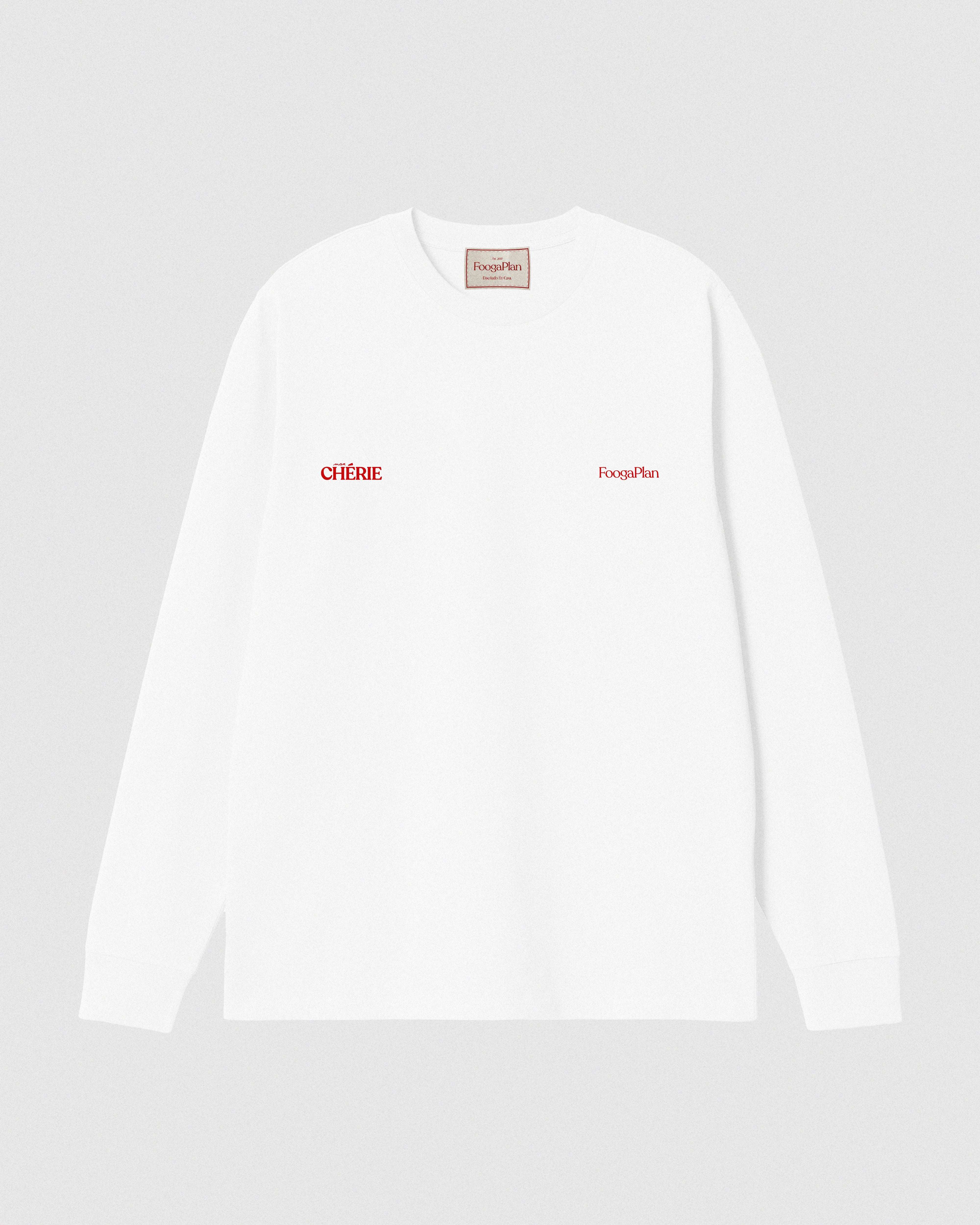 Camiseta Mon Chérie blanca manga larga FoogaPlan vista frontal - algodón premium Portugal