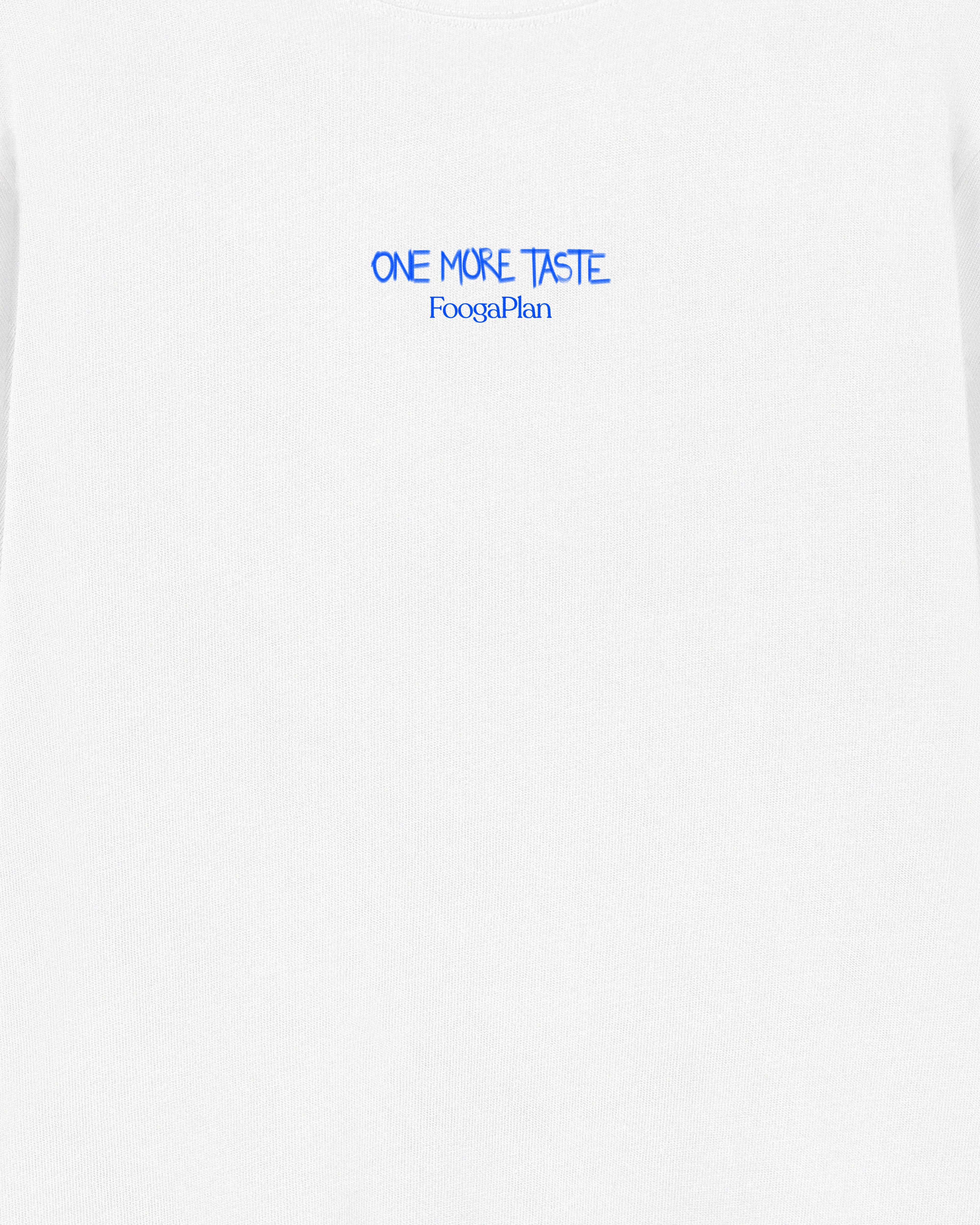 Detalle Camiseta One More Taste blanca vista frontal - Colaboración FOOGAPLAN x CUCU BANANAS