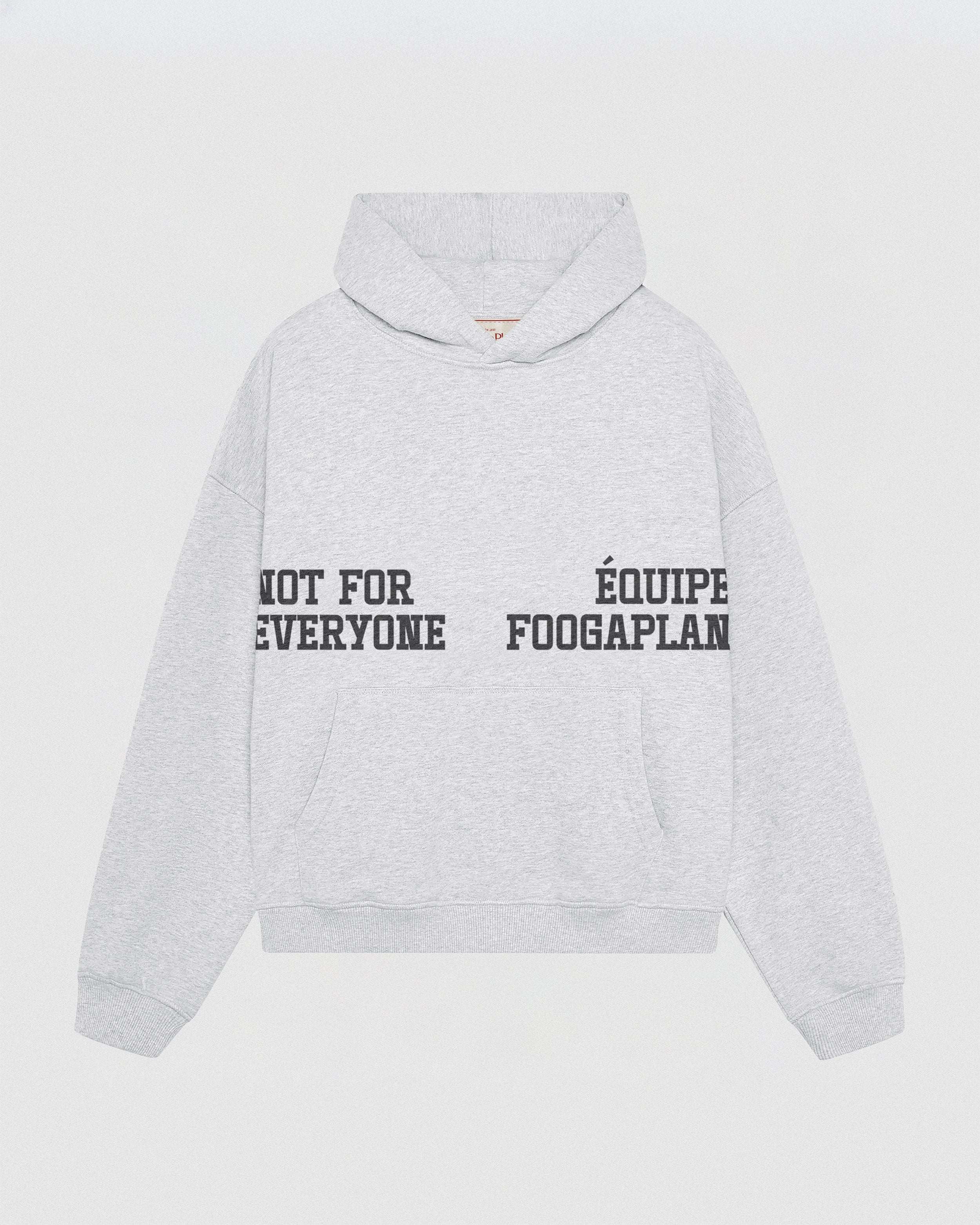 Sudadera Varsity Hoodie gris jaspeado con capucha - Vista frontal diseño FoogaPlan 100% algodón