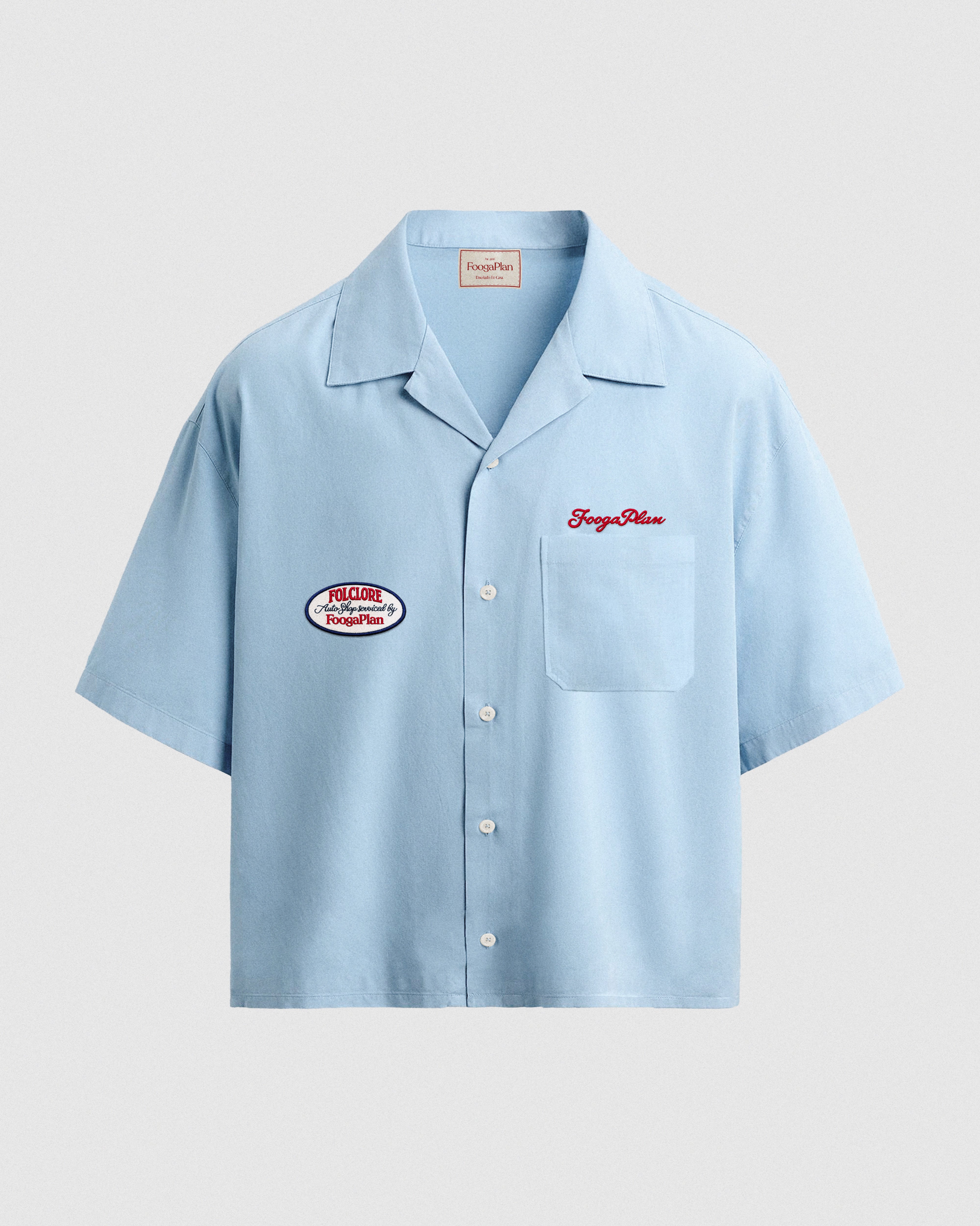 Camisa manga corta Auto Shop collab FoogaPlan y Folclore - vista frontal parche y bordado