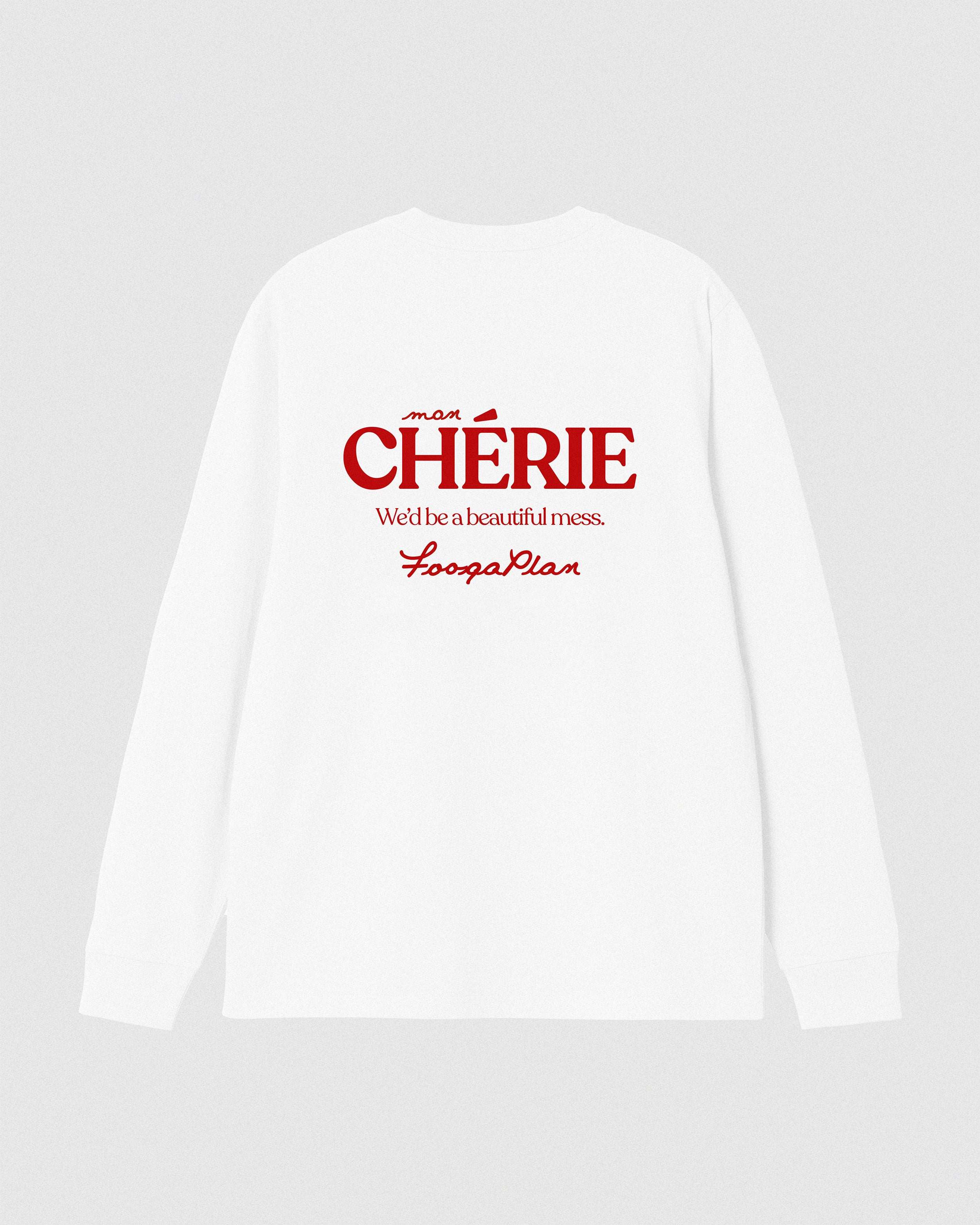 Camiseta Mon Chérie blanca manga larga FoogaPlan vista espalda - 100% algodón serigrafía