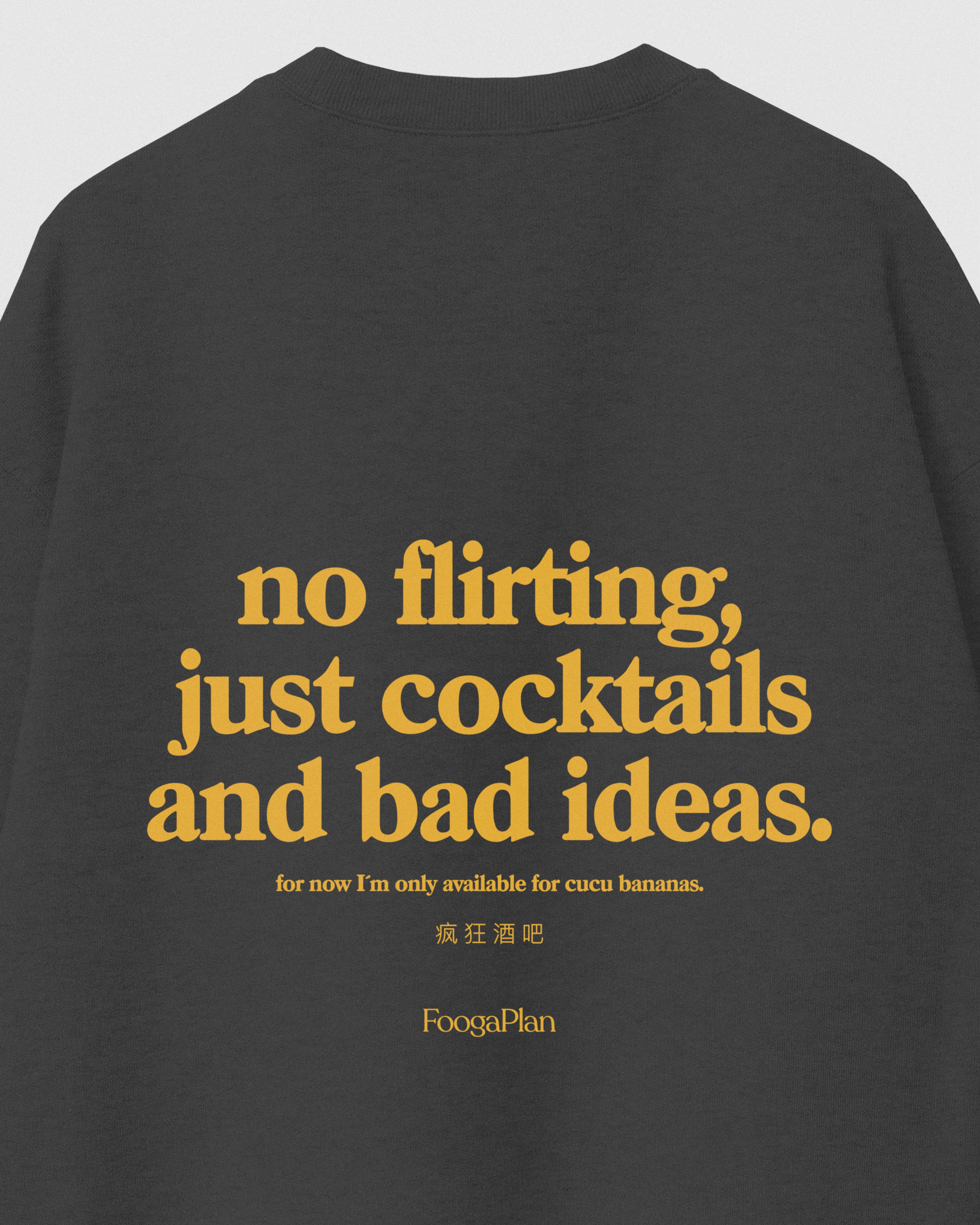 Sudadera No Flirting dark grey FOOGAPLAN x CUCU BANANAS - vista detalle trasera con serigrafía
